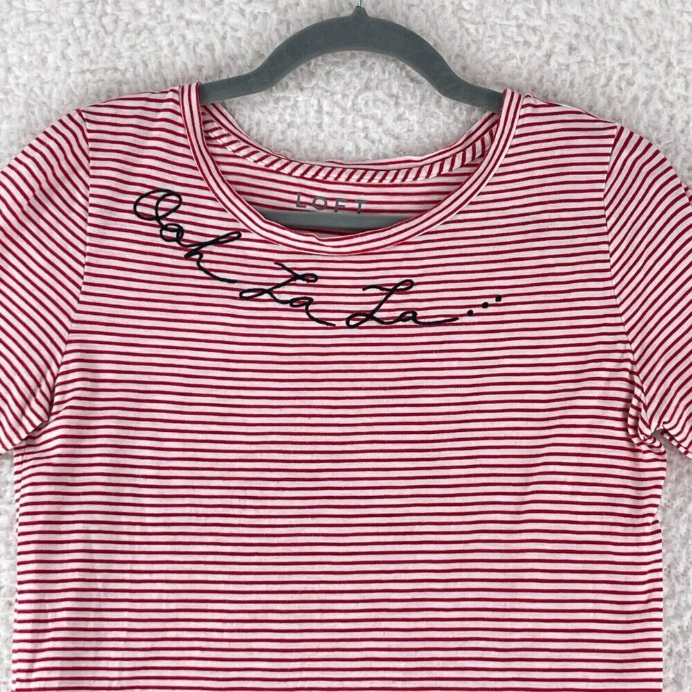 LOFT Vintage Soft Red Striped Shirt Womens Embroidered Short Sleeve Size Small - Picture 2 of 14